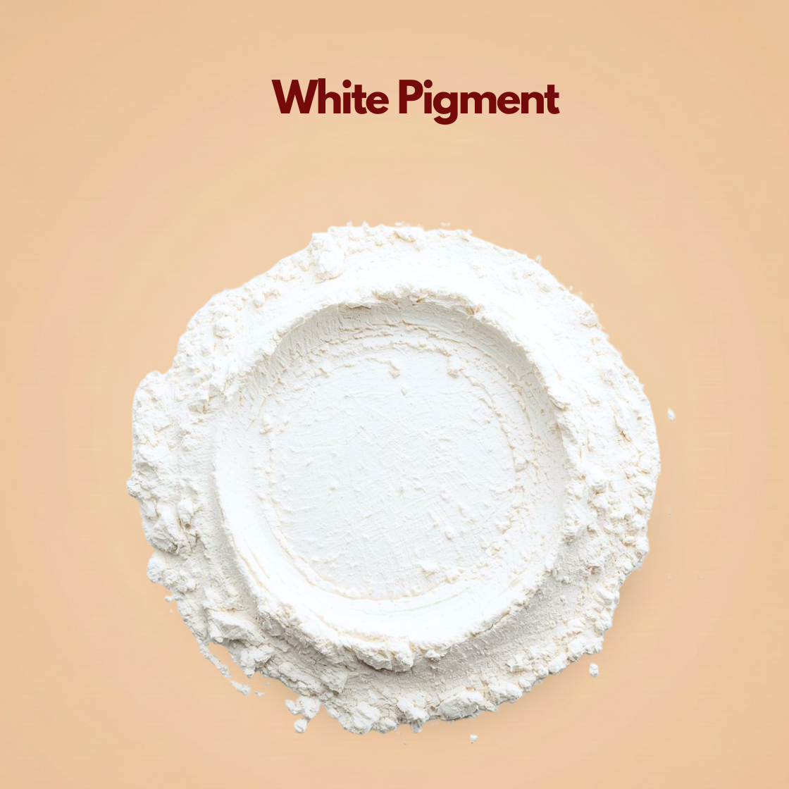 Circular layer of white pigment powder with a smooth pressed center and soft powder fragments around the edge. The texture appears lightweight and finely milled with a clean matte finish. This white cosmetic pigment powder is used for foundation blending, brightening formulations and mineral makeup.