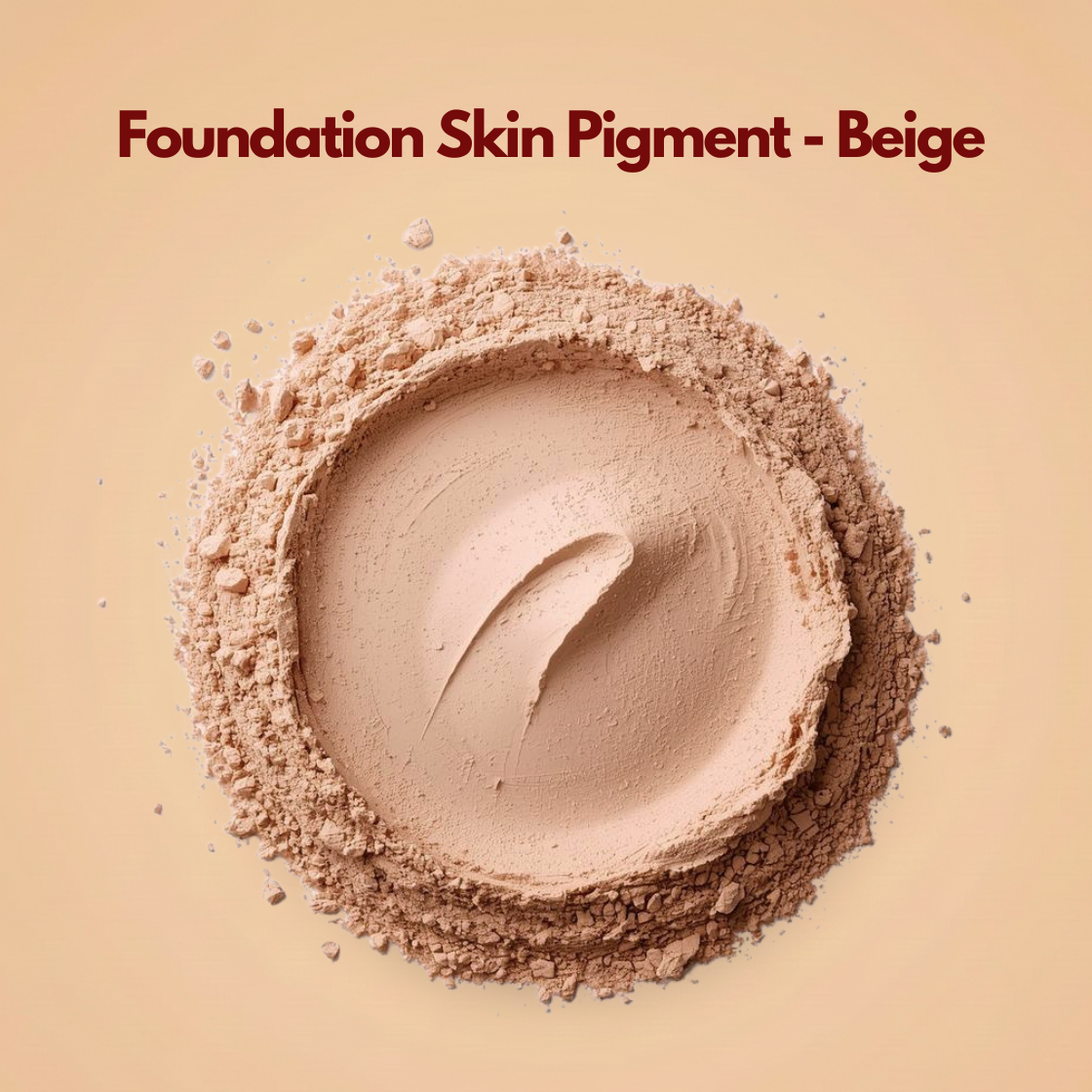 Circular spread of beige foundation pigment powder with warm neutral undertones and a smooth pressed center. Fine loose particles frame the outer edge, showing its soft mineral texture. This cosmetic foundation pigment powder is used for medium skin tone makeup and professional base formulations.