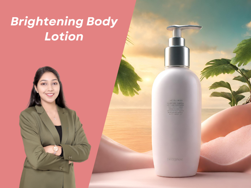A split screen graphic for a Brightening Body Lotion. On the left, a professional female formulator in an olive green blazer stands against a dusty rose background. On the right, a tall, elegant white bottle with a silver pump dispenser sits on a neutral surface. The background features a serene beach at sunset with soft ocean waves and lush tropical palm leaves.