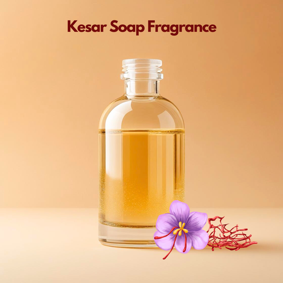 Bottle containing "Kesar Soap Fragrance" with saffron flower and saffron strands beside it, luxury soap fragrance oil used for herbal soaps, skincare products and cosmetic formulations.