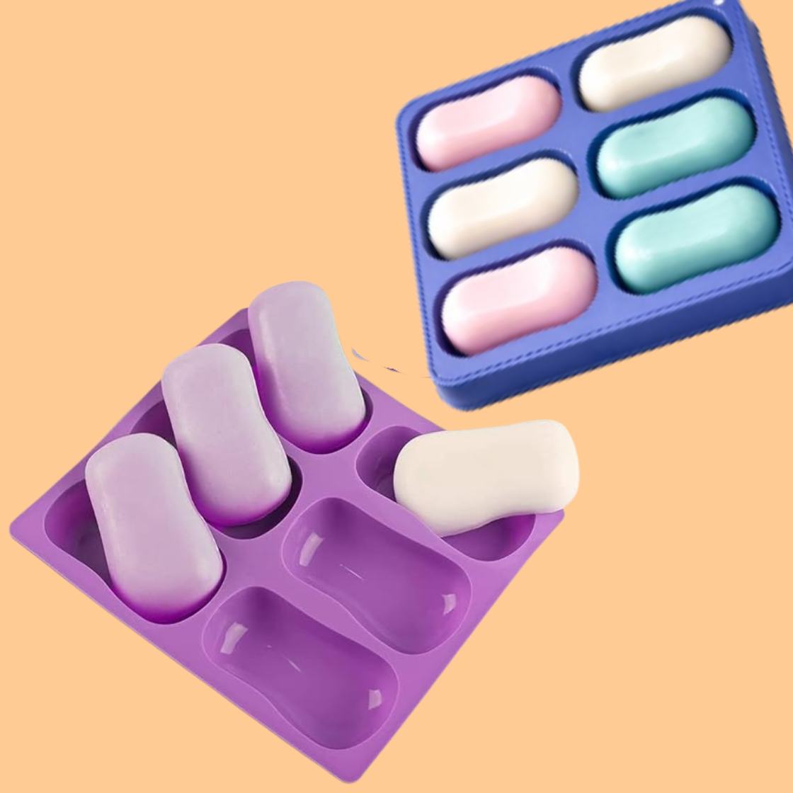 Purple silicone soap mold with six oval cavities partially filled with pastel colored handmade soap bars alongside a blue mold with finished soaps, flexible mold used for DIY soap making, melt and pour soap crafting, and cosmetic soap production.