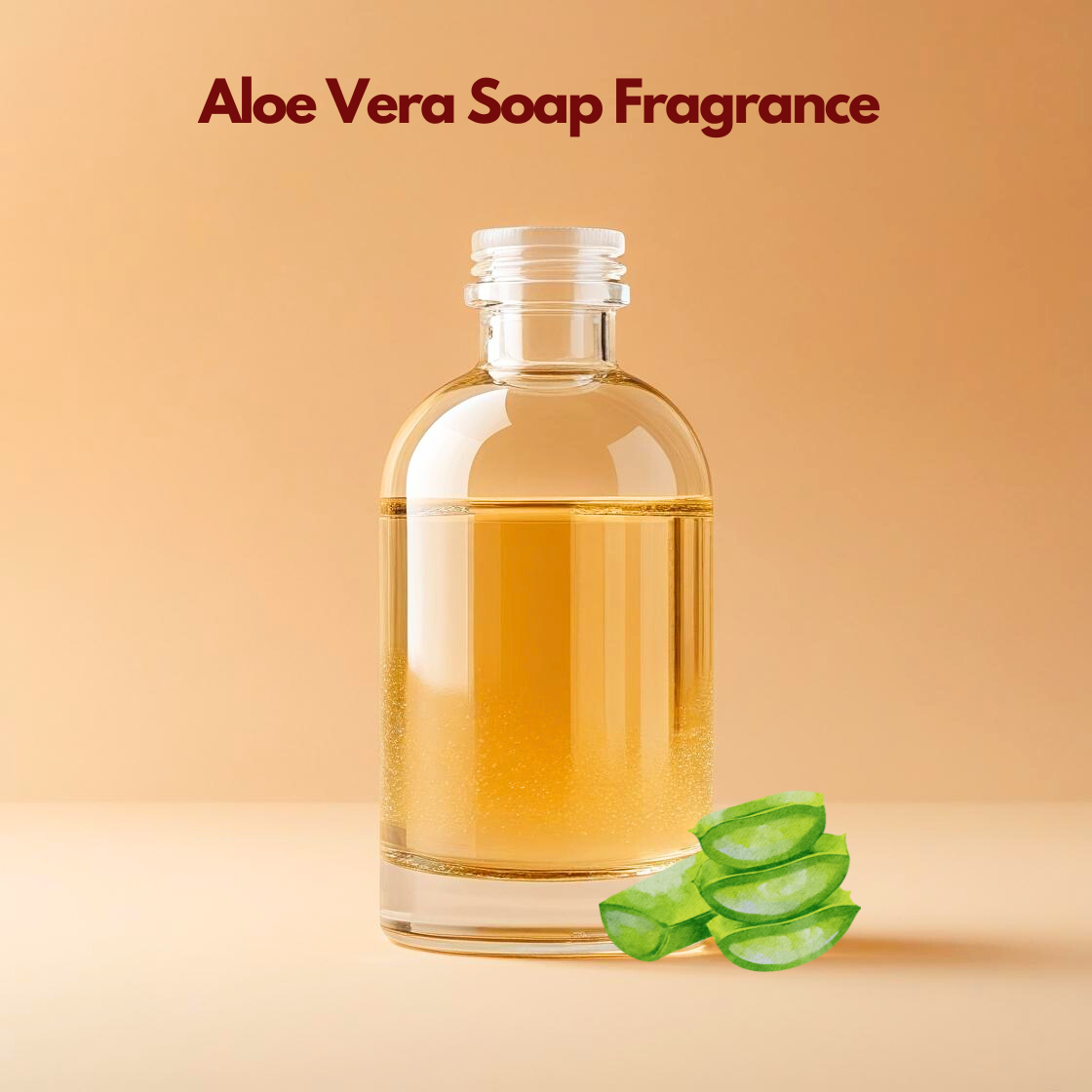 Clear bottle with golden liquid labeled "Aloe Vera Soap Fragrance" on a beige background, beside illustrated aloe vera slices. Calm and refreshing tone.