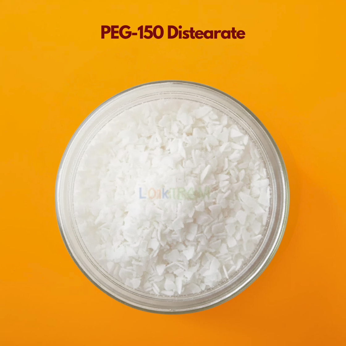 Top view of a round glass container filled with small white PEG 150 Distearate flakes placed on a bright orange background. PEG 150 Distearate is a cosmetic thickening and pearlizing agent widely used in shampoo body wash and cleansing formulations.