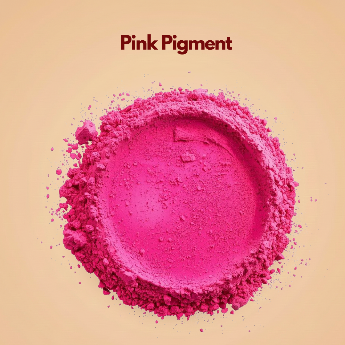 Circular spread of bright pink pigment powder with a smooth pressed center and loose powder scattered around the edges, creating a soft textured halo effect. The color appears vibrant and highly saturated with a fine cosmetic grade texture. This pink pigment powder is ideal for blush, lipstick, soap making and creative cosmetic formulations.