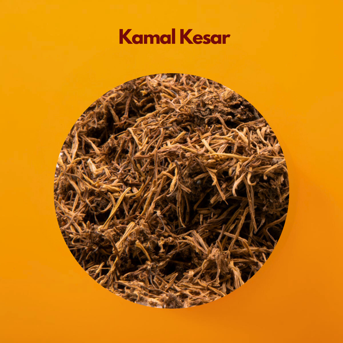 Detailed close up of Kamal Kesar (Lotus Saffron), showing a dense pile of thin, dried, brownish orange lotus flower stamens inside a circular frame on a solid orange background.