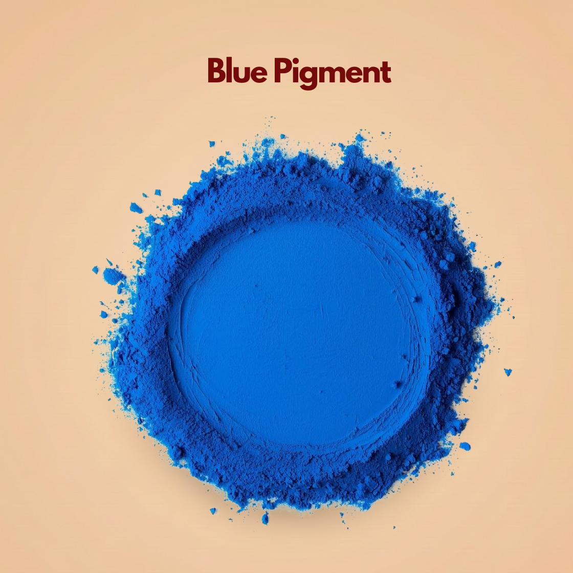Round layer of intense cobalt blue pigment powder with scattered loose particles forming a soft textured outer ring. The center appears smooth and densely packed while the edges show natural powder dispersion. This blue cosmetic pigment powder is used in eye shadow and creative cosmetic formulations.