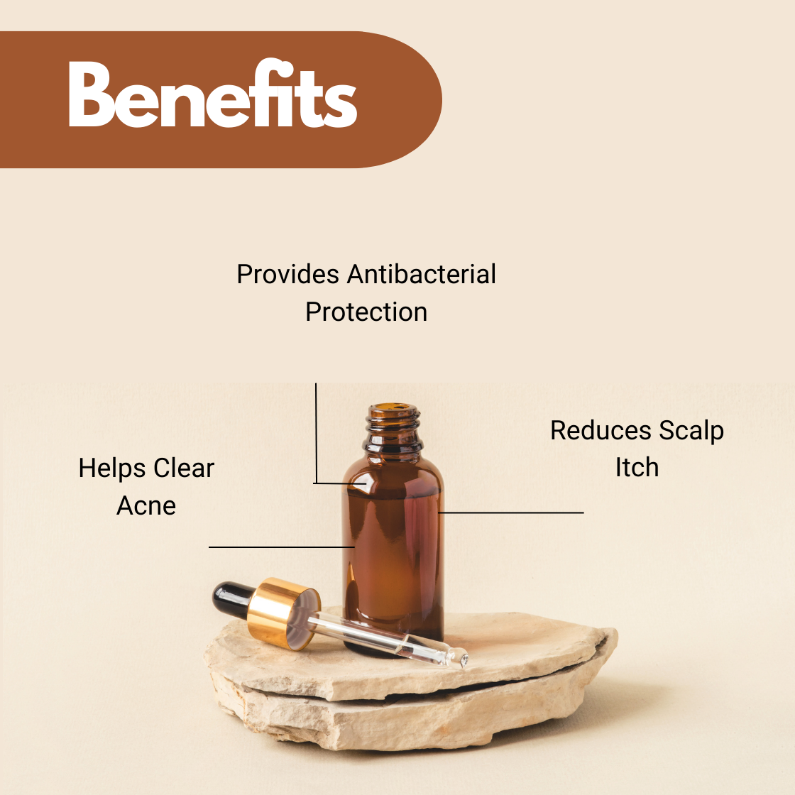 Amber glass dropper bottle placed on natural stone surface with “Benefits” heading and text highlighting antibacterial protection, helps clear acne, and reduces scalp itch for cosmetic skincare and scalp care formulations