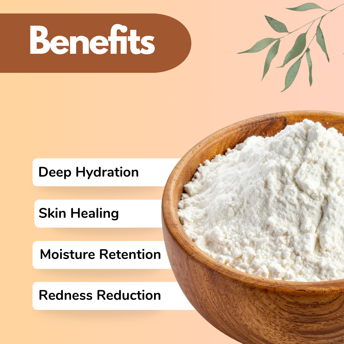 Cosmetic ingredient infographic showing "Aloe Vera 200x" powder inside a wooden bowl used in skincare formulations. The listed benefits include deep hydration, skin healing support, moisture retention, and redness reduction. This cosmetic raw material is widely used in soothing skincare products such as calming creams, repair serums and sensitive skin formulations.