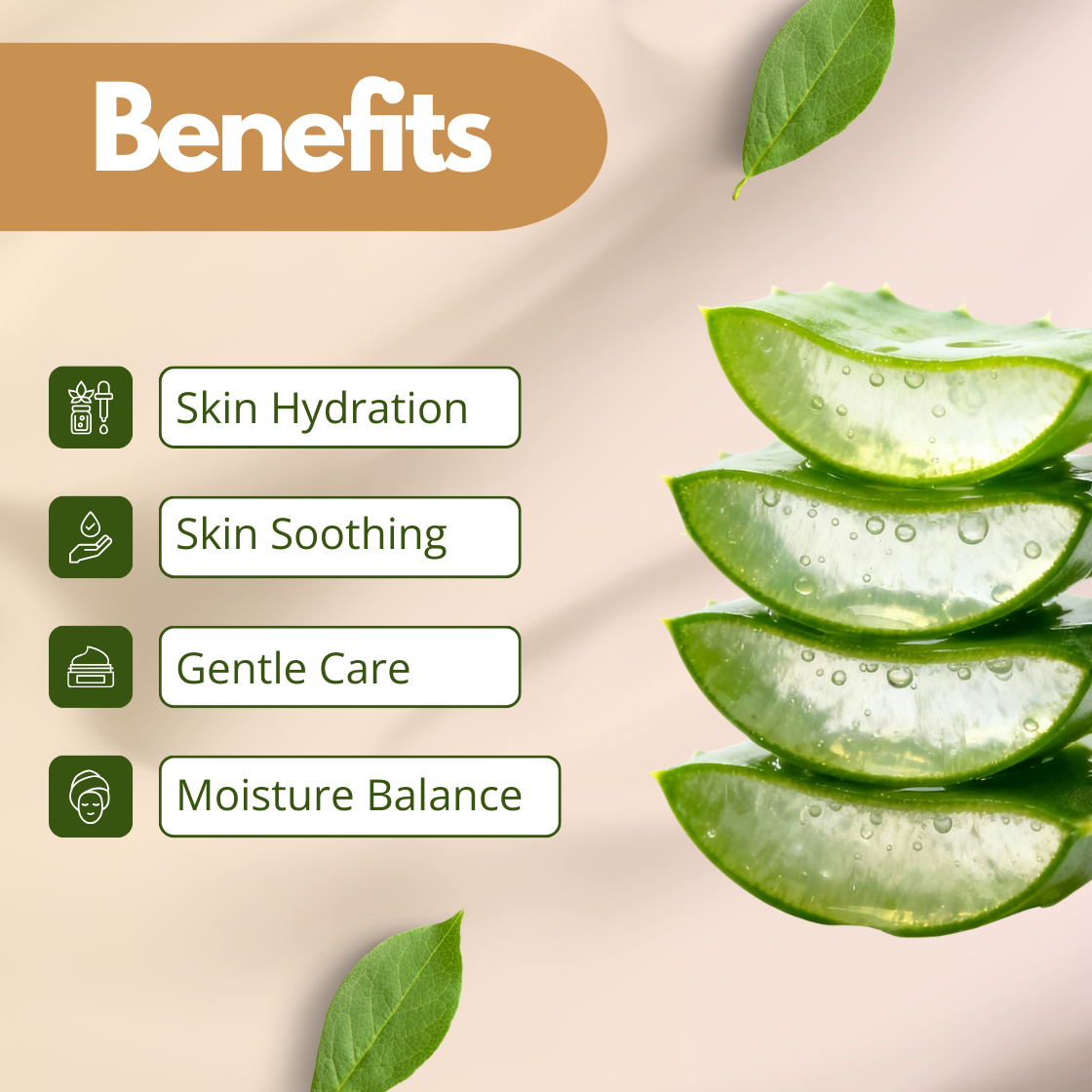 A fresh and hydrating visual for Aloe Vera Extract. The graphic shows a stack of four succulent, bright green aloe vera slices, dripping with clear, moisture rich sap. To the left, benefit tags include Skin Hydration, Skin Soothing, Gentle Care and Moisture Balance. The clean aesthetic reflects the soothing properties of this cosmetic grade aloe vera extract.