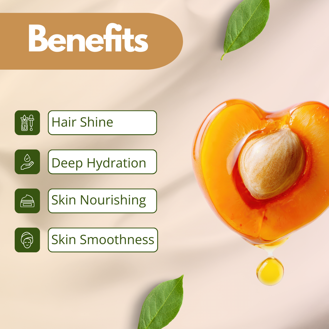 Pure cold pressed apricot oil with fresh apricot half and golden oil drop, lightweight carrier oil for facial serums, creams and DIY skincare products.