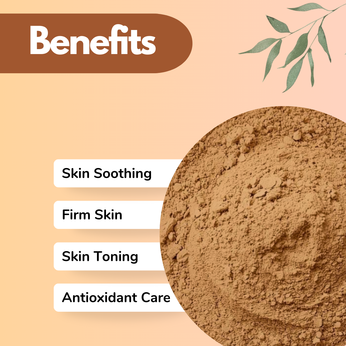 Natural Arjun Chal herbal powder benefits design featuring soft beige botanical powder texture with Skin Soothing, Firm Skin, Skin Toning, and Antioxidant Care mentioned. Plant based Ayurvedic powder ideal for face packs, anti aging masks and skin toning formulations.