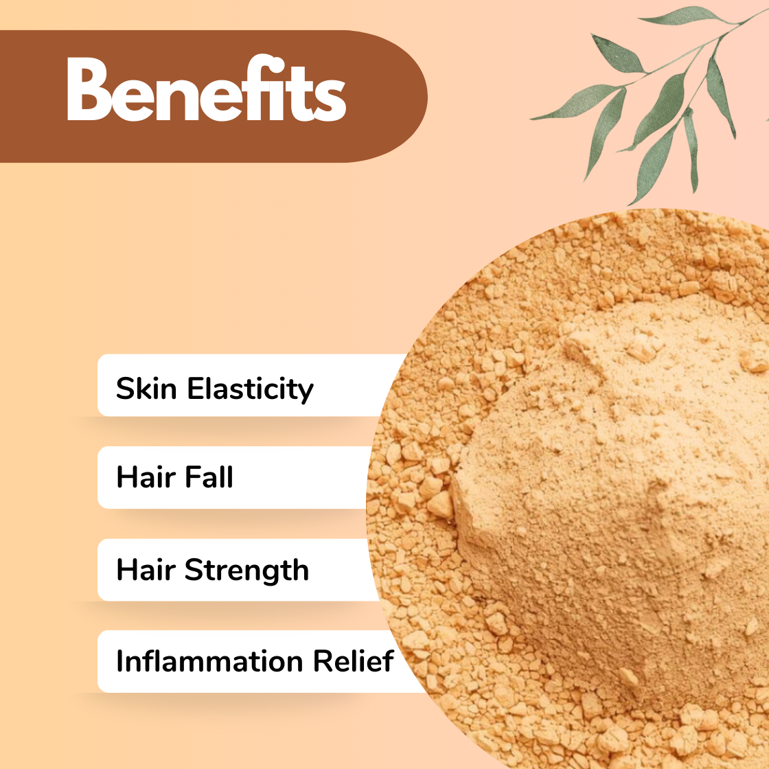 close up of light beige Ashwagandha herbal powder displayed in circular frame with benefits including Skin Elasticity, Hair Fall reduction, Hair Strength and Inflammation Relief. Natural Ayurvedic powder suitable for strengthening hair roots and improving skin firmness.