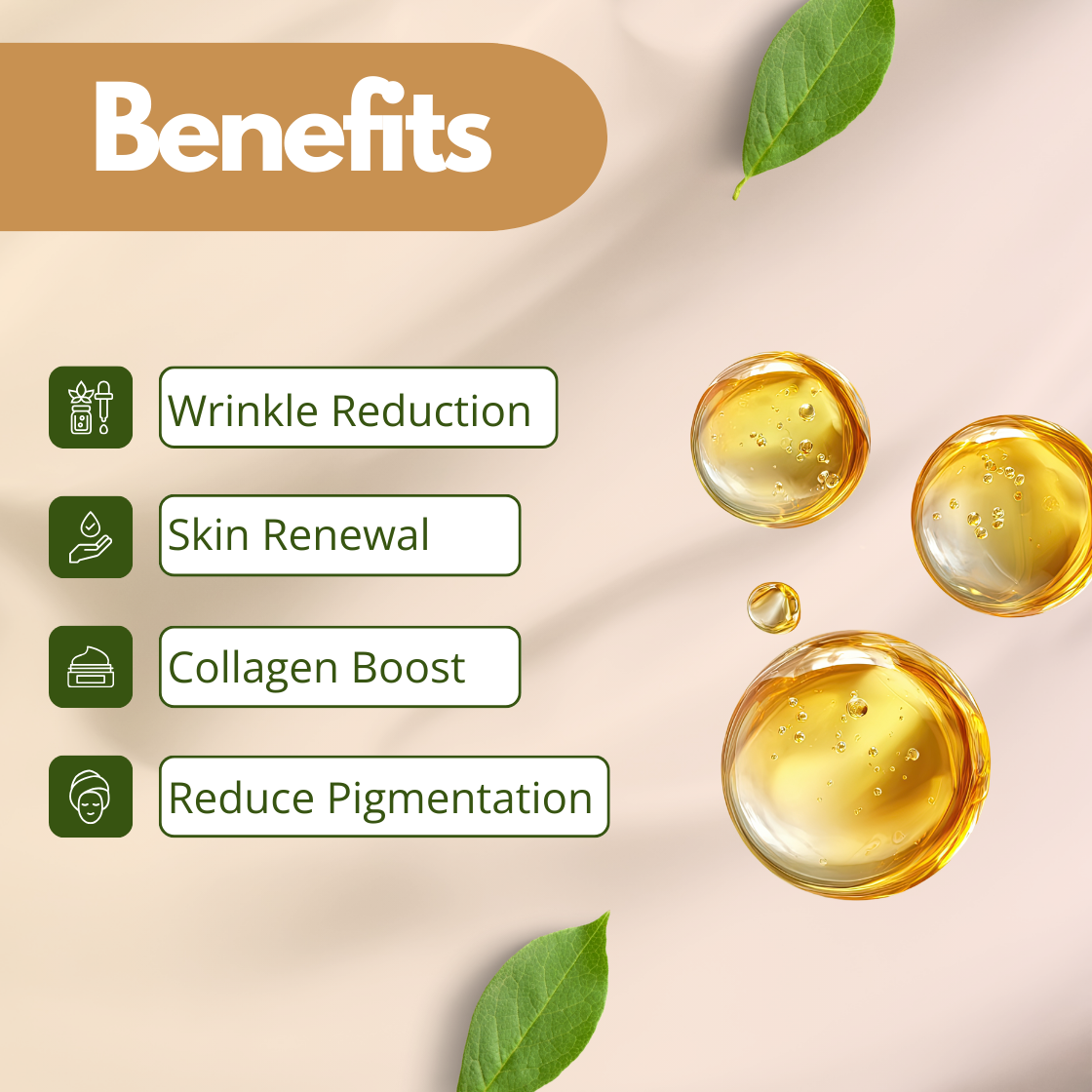 Skincare benefits of Bakuchiol Oil image with a beige background. Features include 'Wrinkle Reduction,' 'Skin Renewal,' 'Collagen Boost,' and 'Reduce Pigmentation' alongside icons. Golden serum drops and green leaves enhance a natural, refreshing tone.