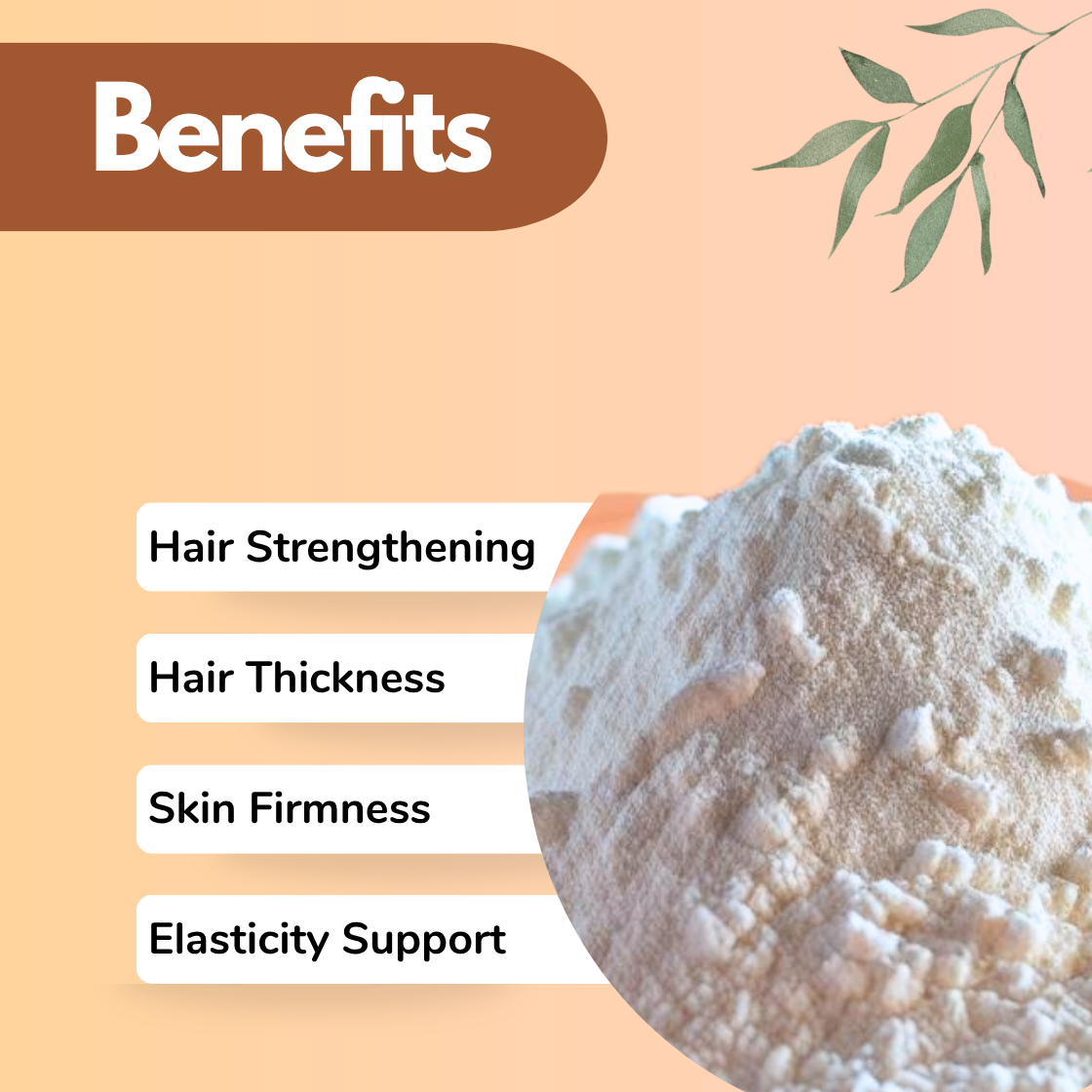 Bamboo Silica Vanslochan Powder Natural Powder for Hair & Skin | Benefits infographic featuring a close-up of bright white bamboo silica powder piled in a bowl on a peach background with leaf accent. Vanslochan (Bambusa arundinacea) is a pure plant-based silica source used in natural hair care products, anti-aging skincare formulations, and Ayurvedic wellness supplements. Key benefits highlighted: Hair Strengthening, Hair Thickness, Skin Firmness, and Elasticity Support. Ideal for organic cosmestic