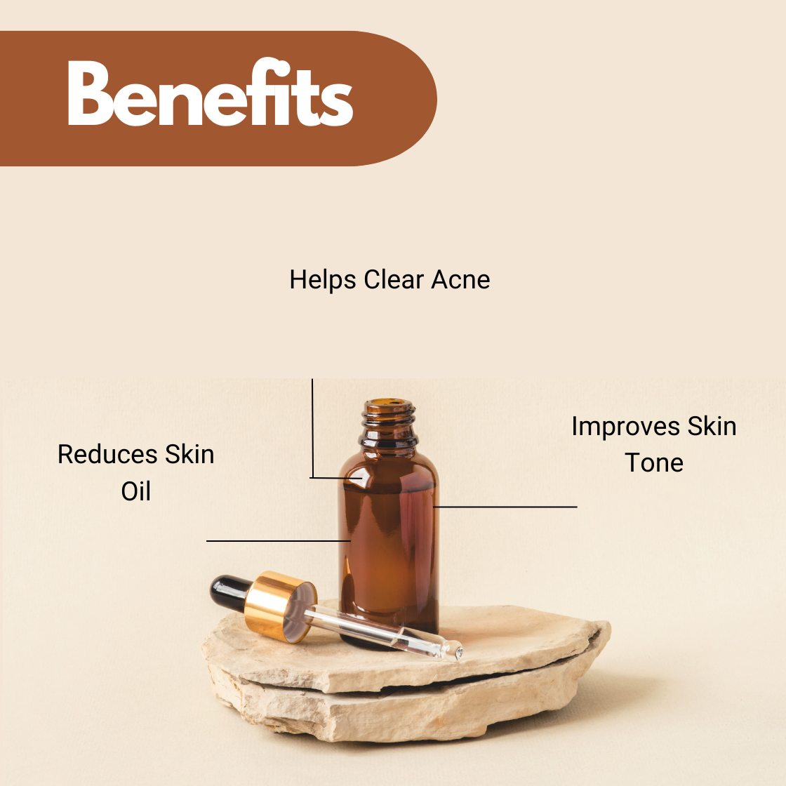 Amber dropper bottle with benefits of Bergamot Essential Oil text stating helps clear acne, reduces skin oil and improves skin tone, suitable for oily and acne-prone skincare formulations.