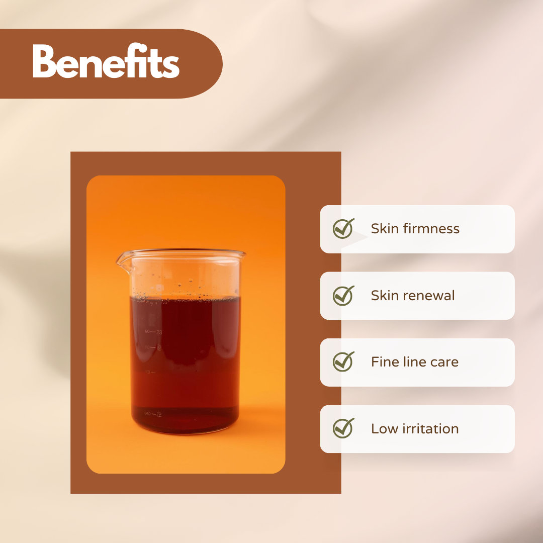 A glass beaker filled with deep reddish-brown liquid is centered within a brown bordered frame against a vibrant orange background. Small air bubbles are visible near the surface. On the right, the benefits listed are: Skin Firmness, Skin Renewal, Fine Line Care, and Low Irritation. The bold color contrast emphasizes potency. This image represents an anti-aging cosmetic active Bio Retinol ingredient used in skincare formulations for skin renewal and fine line reduction.