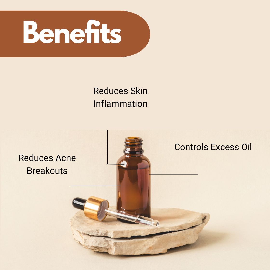 Amber serum bottle with benefits text highlighting reduces skin inflammation, reduces acne breakouts, and controls excess oil for acne-prone and oily skin formulations.