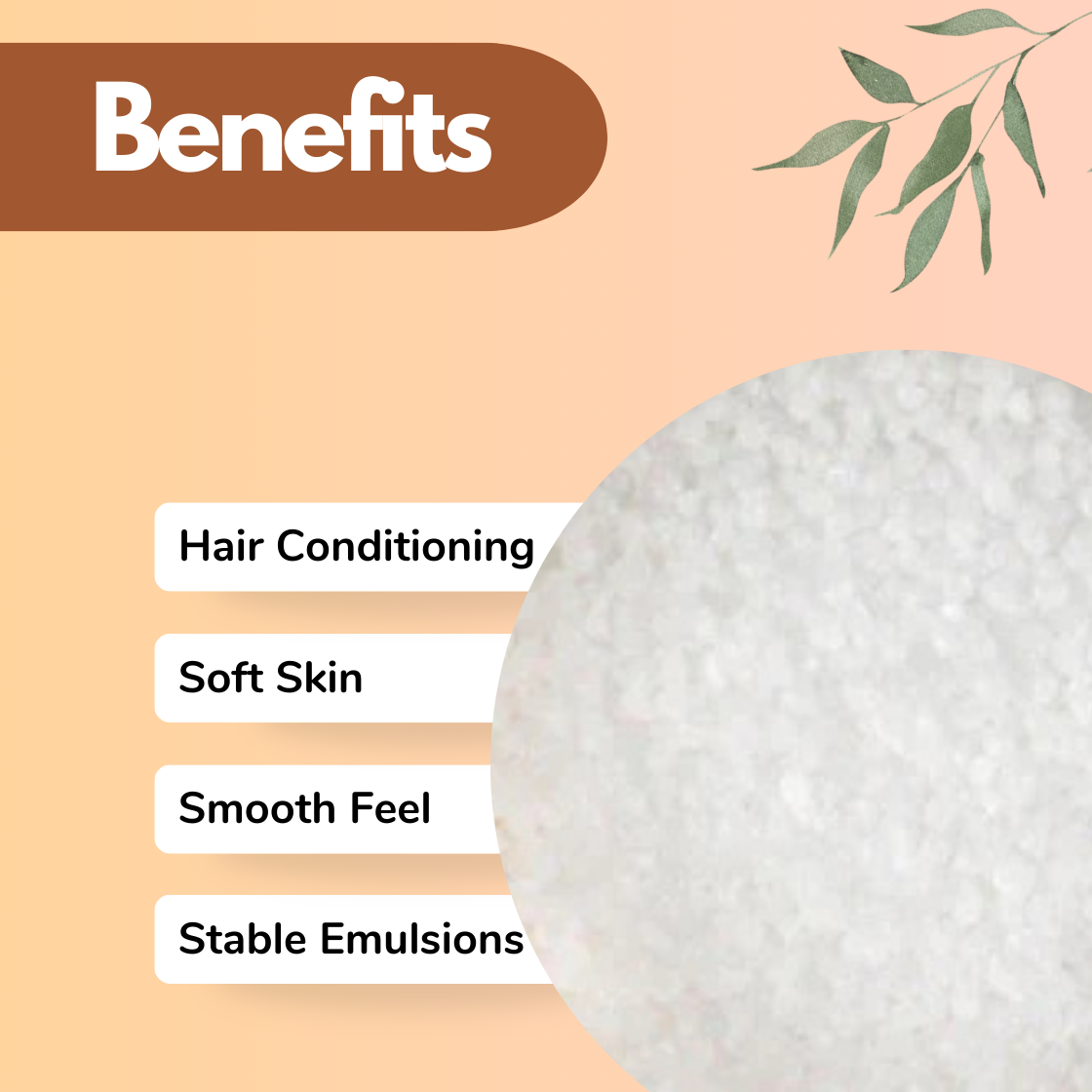 Cosmetic ingredient infographic showing "Cetostearyl Alcohol" in a circular close up with benefits including Hair Conditioning, Soft Skin Feel, Smooth Texture and Stable Emulsions. "Cetearyl Alcohol" is a widely used conditioning ingredient used in skincare creams, conditioners, lotions and personal care formulations to improve texture and stability.