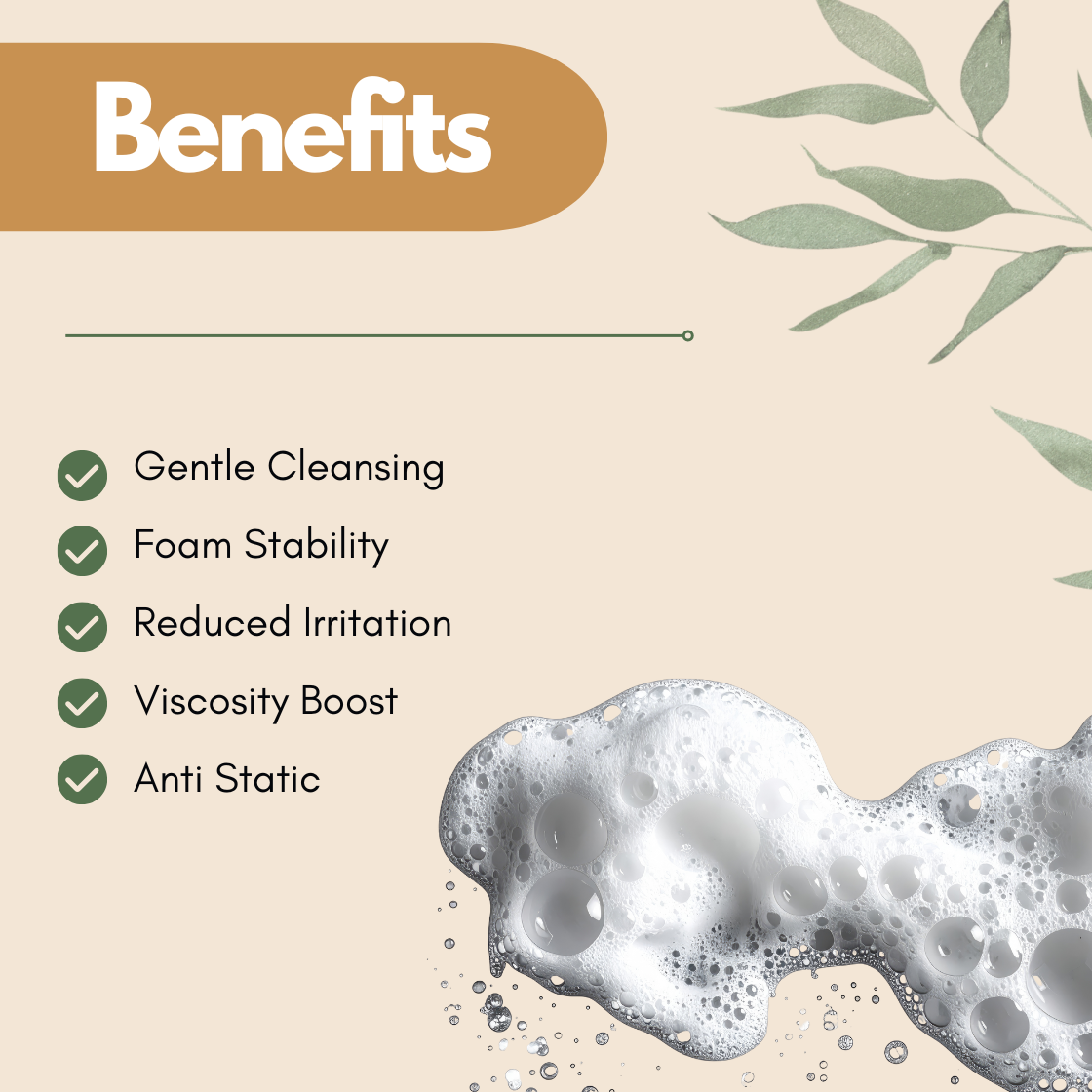 Image highlighting benefits of a Cocamidopropyl Betaine CAPB with foamy bubbles and green leaves. Lists: Gentle Cleansing, Foam Stability, Reduced Irritation, Viscosity Boost, Anti Static."