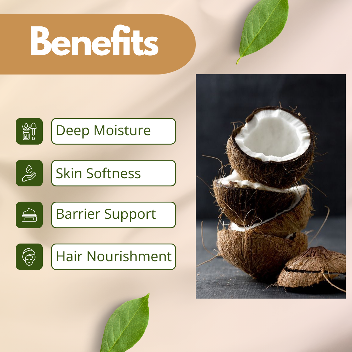 Benefits image of Coconut Extract showing cracked coconuts stacked on a dark surface, highlighting deep moisture, skin softness, barrier support, and hair nourishment. Cosmetic grade coconut extract used in skincare and haircare formulations as a moisturizing botanical ingredient and natural conditioning cosmetic raw material.