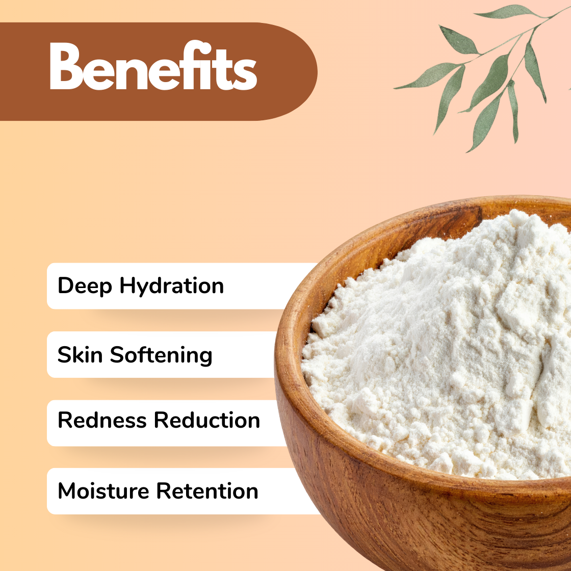 A wooden bowl with white "D Panthenol Powder" cosmetic ingredient is displayed on a peach background with leaves. Text highlights benefits: Deep Hydration, Skin Softening, Redness Reduction, Moisture Retention.