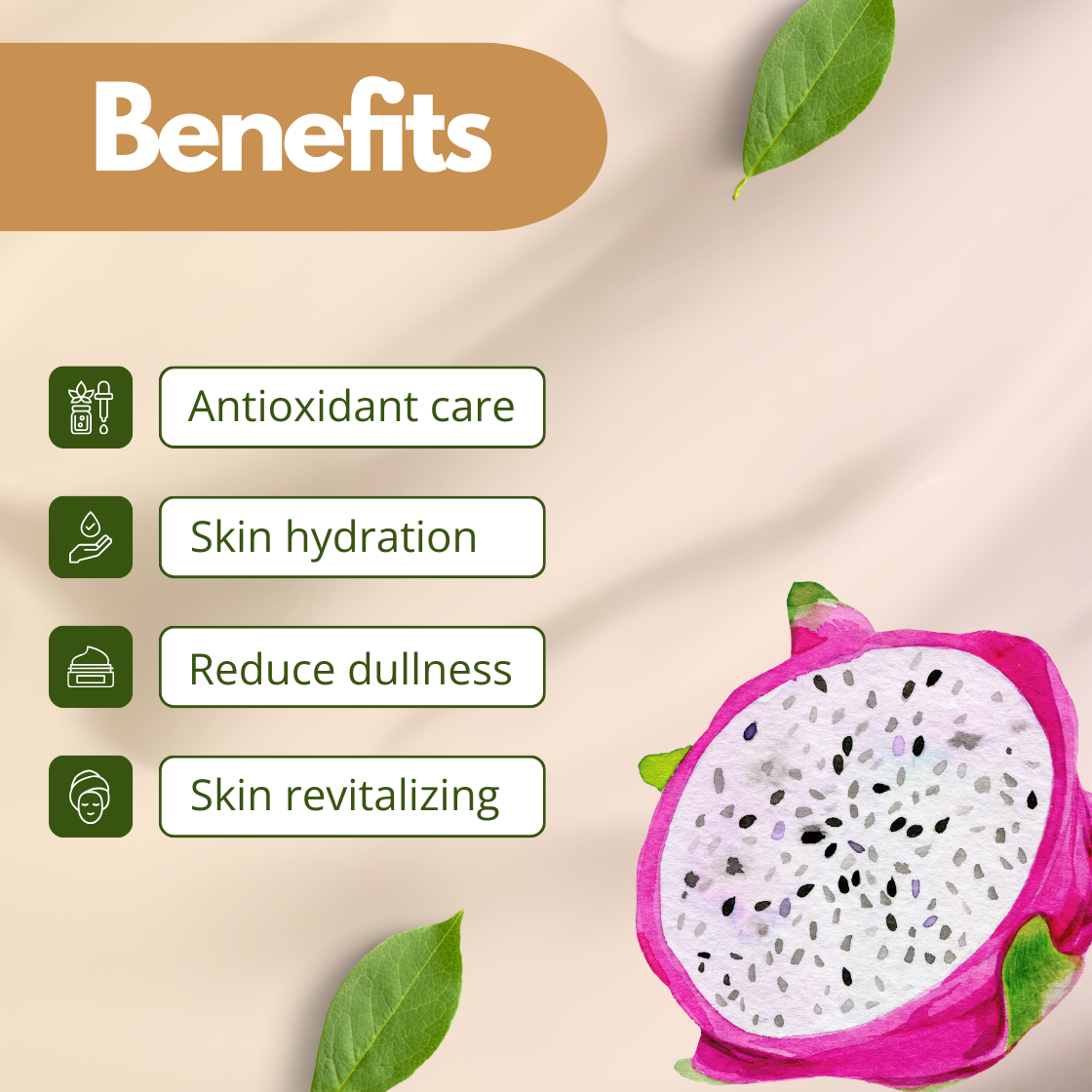 Skincare ingredient infographic displaying a sliced dragon fruit with bright pink outer skin and white flesh filled with black seeds. The image lists benefits including Antioxidant care, Skin hydration, Dullness reduction and Skin revitalization. This represents "Dragon Fruit Extract" used in cosmetic formulations such as face masks, serums, soaps and hydrating skincare products.