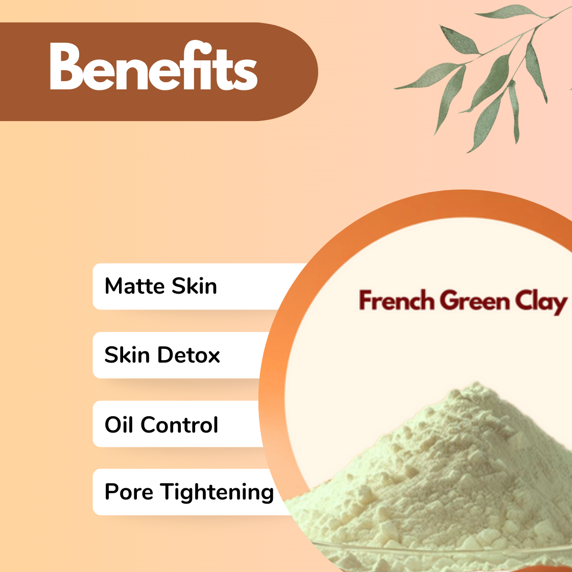 Image showcasing the benefits of French Green Clay against a peach background. Includes icons for matte skin, skin detox, oil control, and pore tightening with green leaves in the corner.