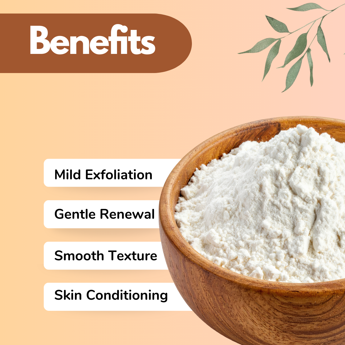 Gluconolactone cosmetic ingredient powder in a wooden bowl on a beige background with a “Benefits” heading showing mild exfoliation, gentle renewal, smooth texture, and skin conditioning, with a small botanical leaf illustration for a natural skincare aesthetic.