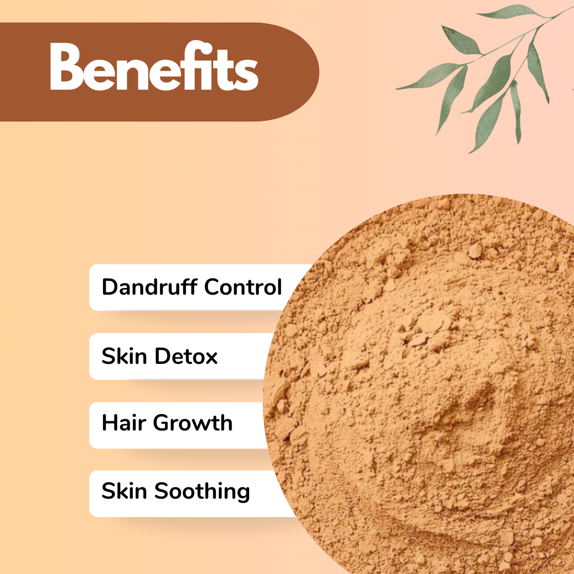 Natural beige Gokhru herbal powder benefits graphic featuring Dandruff Control, Skin Detox, Hair Growth, and Skin Soothing text. Ayurvedic herbal powder suitable for detoxifying scalp masks, promoting hair growth and calming irritated skin.