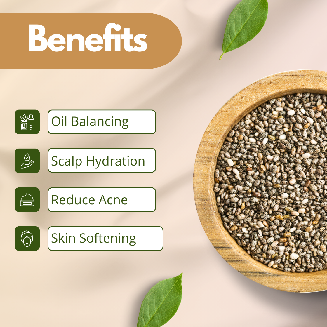 Natural skincare benefits listed of Hempseed oil beside a wooden bowl of chia seeds. Benefits include oil balancing, scalp hydration, acne reduction, and skin softening. Green leaves add a fresh, natural feel.