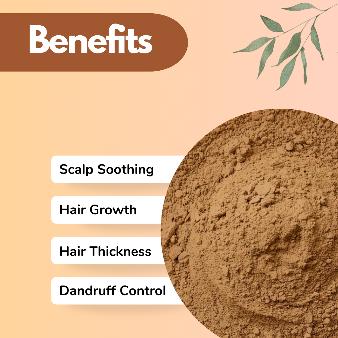 This image shows a Herbal Hair Growth Mix brown herbal powder in close up detail. The benefits emphasize Hair Growth, Hair Thickness, and Dandruff Control, clearly positioning it as a natural hair strengthening powder. The visual tone and layout suggest a traditional plant based ingredient used in Ayurvedic hair care routines to nourish hair roots and improve scalp vitality.