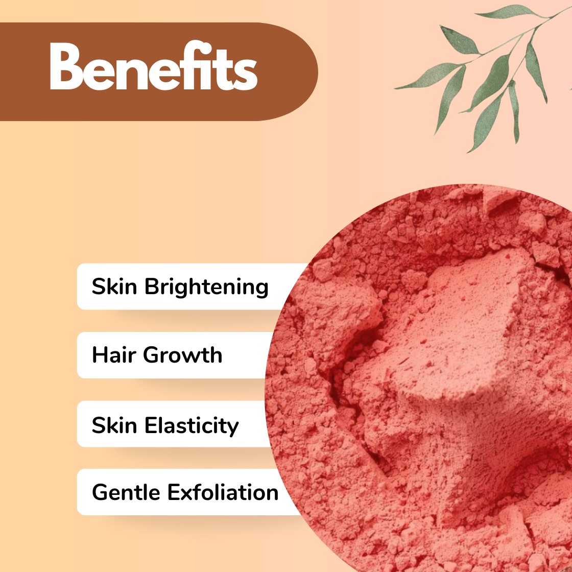 A vibrant reddish Hibiscus herbal powder fills the circular frame, adding visual contrast against the neutral background. The benefits mention Skin Brightening, Hair Growth, Skin Elasticity, and Gentle Exfoliation. The fine texture indicates a botanical cosmetic powder suitable for glow-enhancing face packs and revitalizing hair treatments, commonly used in natural skincare formulations.