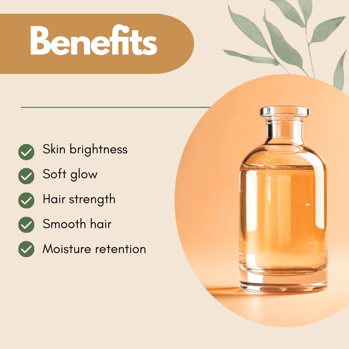 Benefits layout featuring a golden liquid bottle with text listing Skin brightness, Soft glow, Hair strength, Smooth hair, Moisture retention. Hydrolysed Pearl Protein ingredient designed for skincare and haircare formulations to promote radiant looking skin, smoother hair texture, and improved hydration performance