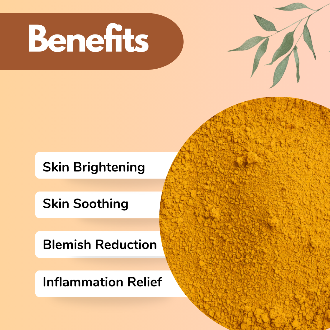 This image shows a bright yellow Kasturi Manjal Haldi herbal powder with a very fine, vibrant texture. The benefits emphasize calming and brightening properties. The design suggests a soothing Ayurvedic skincare powder used in glow face packs and anti-inflammatory herbal treatments for sensitive or irritated skin.