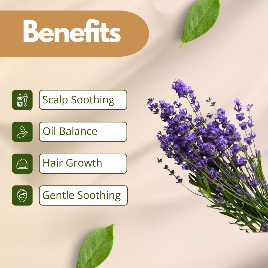 Benefits image of Lavender Extract featuring fresh purple lavender flowers, highlighting scalp soothing, oil balance, hair growth support and gentle calming care. Cosmetic grade lavender extract used in haircare and skincare formulations for soothing scalp treatments and balancing cosmetic products.
