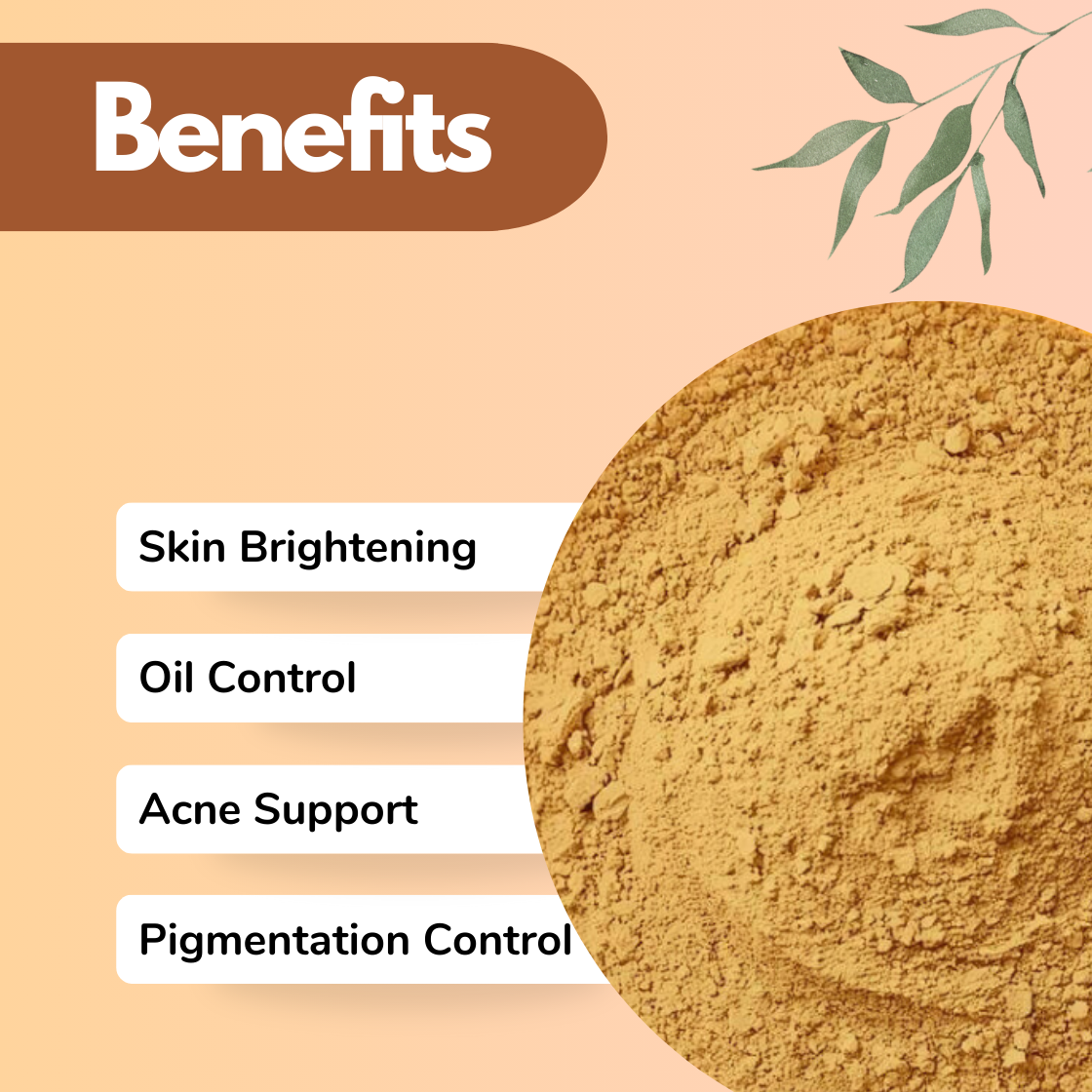This image highlights a Lemon Peel herbal powder in fine detail. The benefits clearly target oily and acne prone skin. The design communicates a natural cosmetic powder ideal for oil balancing face masks and pigmentation correcting Ayurvedic skincare routines.