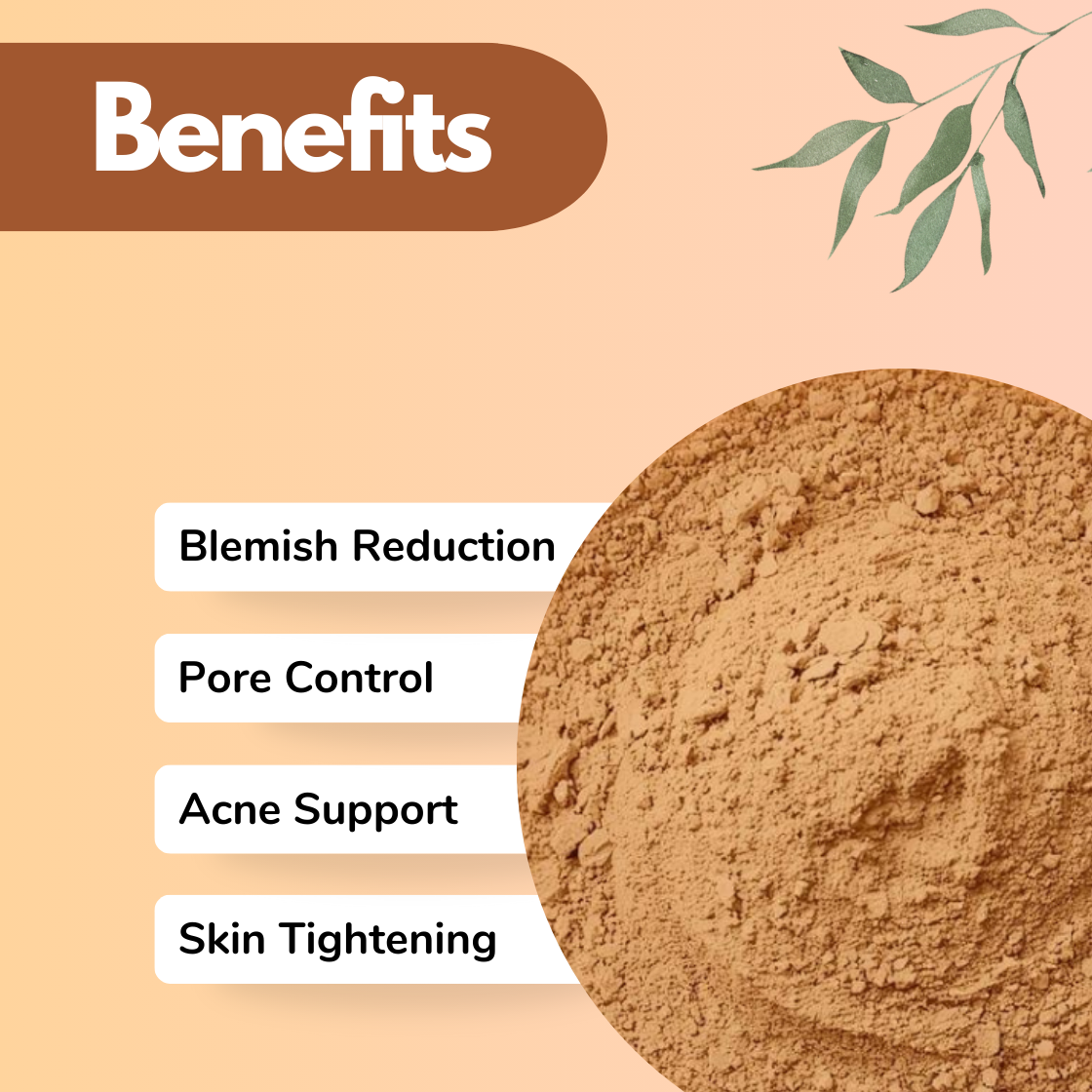 A slightly deeper beige herbal powder fills the circular frame. The benefits focus on tightening and clarifying the skin. The layout and texture suggest a herbal cosmetic powder commonly used in pore minimizing face masks and acne-support skincare formulations.