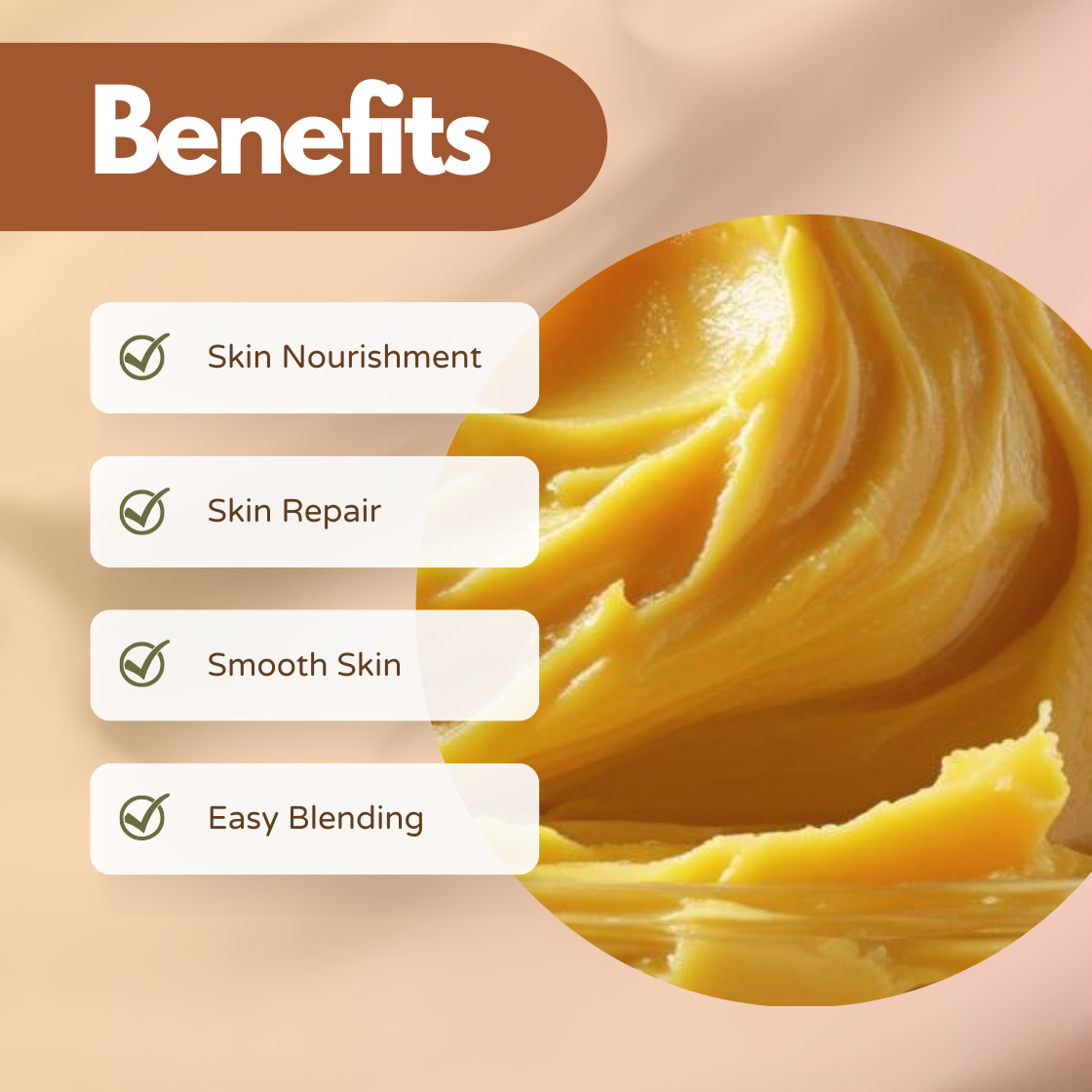 Mango Butter displayed as a rich yellow creamy butter texture with a “Benefits” heading highlighting skin nourishment, skin repair, smooth skin and easy blending in a cosmetic ingredient information graphic.
