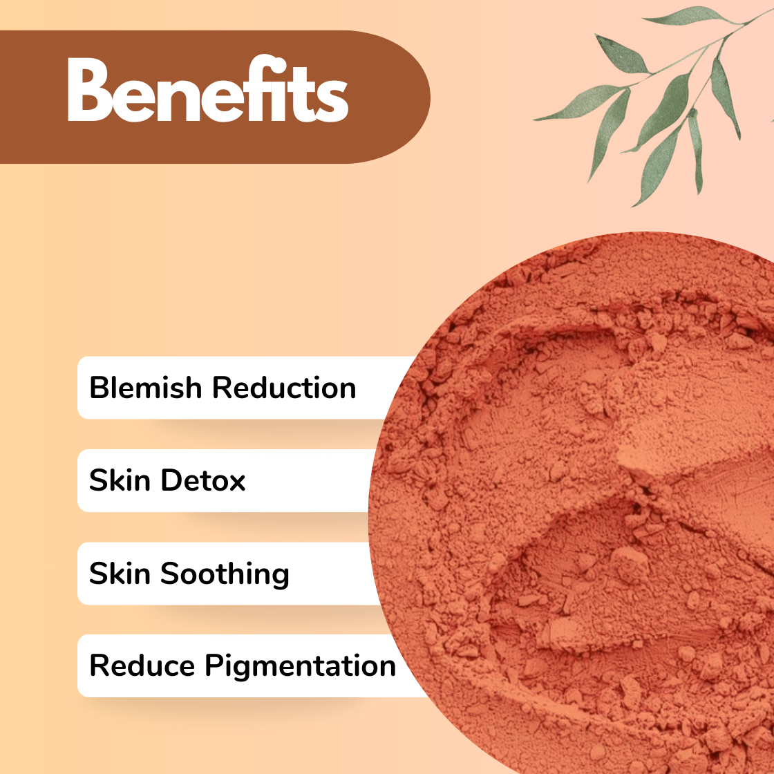 A reddish Manjistha botanical powder appears finely textured inside the circular layout. The benefits focus on detoxification and pigmentation control. The color suggests a mineral-rich or clay based herbal powder used in detox face masks and skincare treatments.