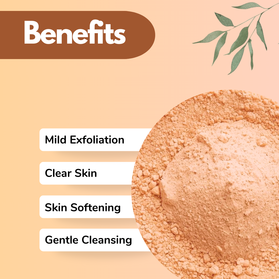 The final image features a light beige herbal powder with visible natural granules. The benefits focus on gentle exfoliation and cleansing. The design clearly represents a natural herbal powder used in mild exfoliating face masks and plant based cleansing formulations suitable for sensitive skin.