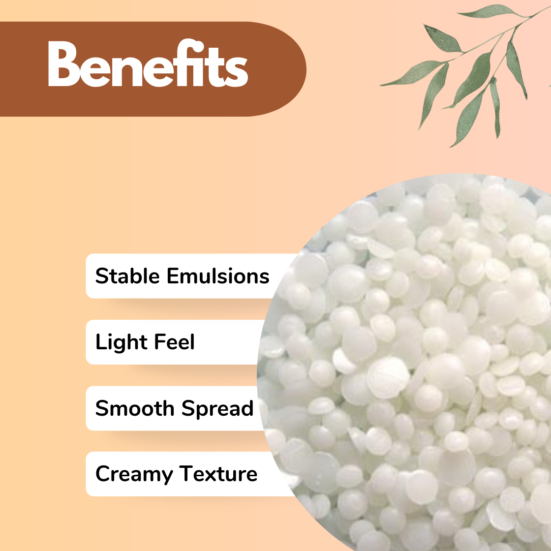 Infographic displaying Montanov 68 cosmetic pellets with benefits including Stable Emulsions, Light Feel, Smooth Spread and Creamy Texture. "Montanov 68" is a cosmetic raw material used in creams, conditioners, lotions and personal care product formulations.