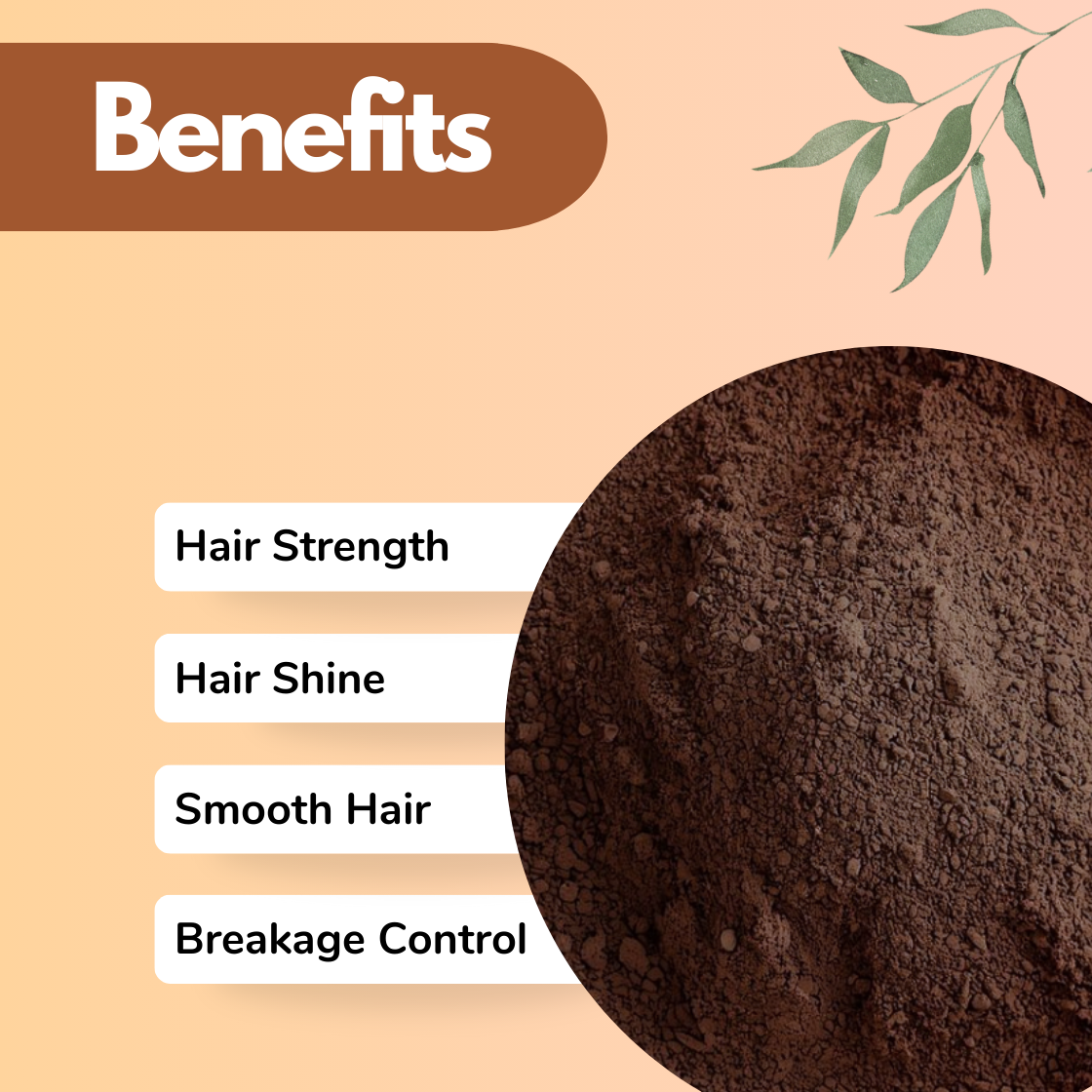 Benefits design showing a deep brown finely ground herbal powder with visible natural granules inside a circular frame. The labels Hair Strength, Hair Shine, Smooth Hair and Breakage Control emphasize this plant based herbal powder as a natural hair care ingredient used in strengthening and shine enhancing herbal hair masks.