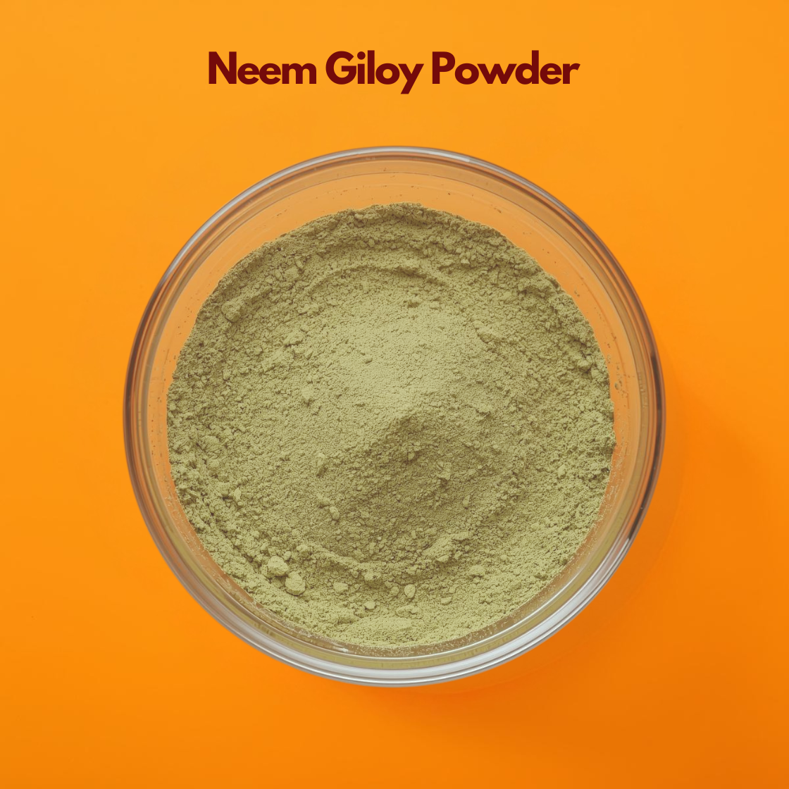 Neem Giloy powder in a glass bowl, powerful Ayurvedic herbal blend used for skin purification, acne treatment, detox skincare and natural cosmetic formulations, known for antibacterial and healing properties.