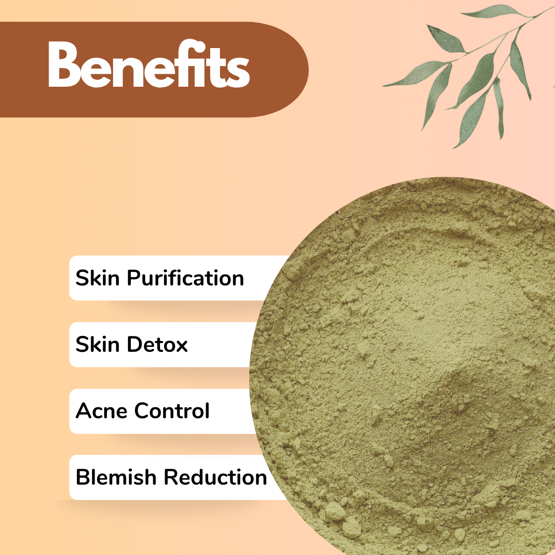 Neem Giloy Powder is Herbal Powder for Acne & Skin Detox | Benefits image featuring fine olive green Azadirachta indica and Tinospora cordifolia combined powder in a large circular bowl on a peach background with decorative leaf motif. Neem Giloy powder is a antibacterial herbal powder used in natural acne treatment formulations, skin detox face packs & blemish reduction skincare products. Benefits shown: Skin Purification, Skin Detox, Acne Control, and Blemish Reduction. Perfect for organic skincare brand