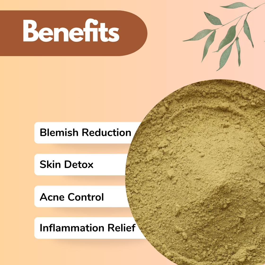 Benefits layout showcasing a Neem herbal powder with fine texture under a bold Benefits banner. The listed benefits include Blemish Reduction, Skin Detox, Acne Control and Inflammation Relief, positioning this herbal powder as a clarifying skincare ingredient for acne prone and sensitive skin formulations.