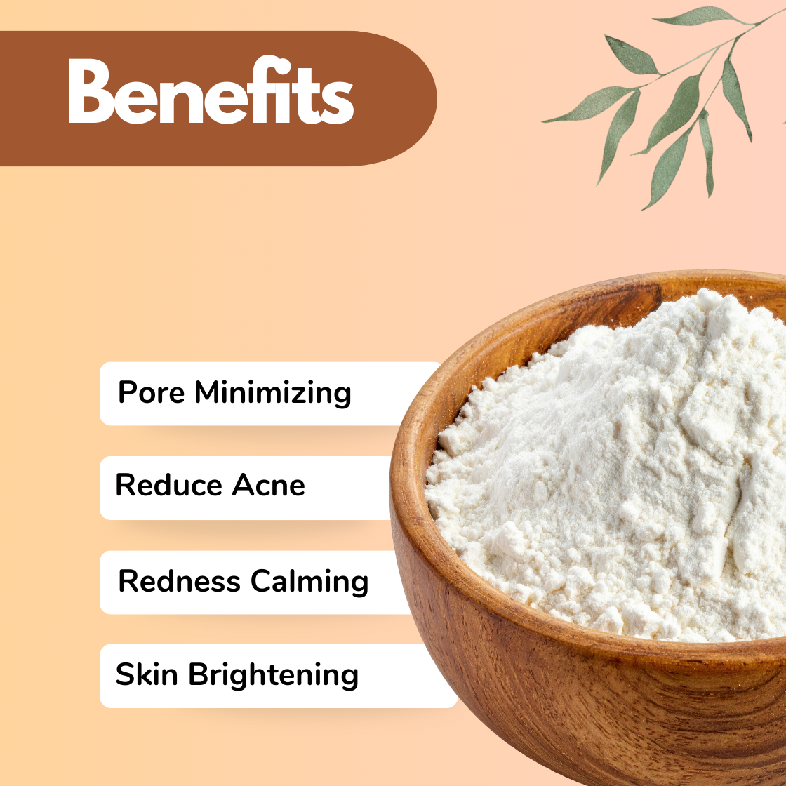 A rounded wooden bowl filled with smooth white powder is positioned on the right side of a warm beige background. The powder appears lightweight yet slightly compacted, with soft surface texture. On the left, under the “Benefits” banner, the text reads: Pore Minimizing, Reduce Acne, Redness Calming and Skin Brightening. Decorative leaves accent the design. This image represents an acne control cosmetic active Niacinamide ingredient formulated for pore refinement and skincare products.