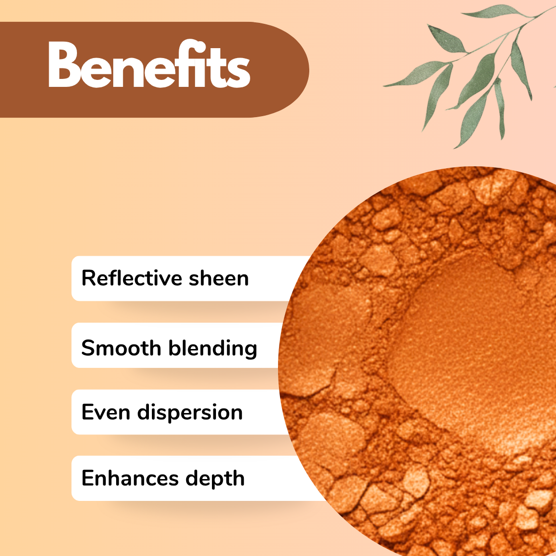 Orange mica powder benefits infographic highlighting reflective sheen, smooth blending, even dispersion and enhanced depth in cosmetic formulations, soap making, candles and resin art. Vibrant orange cosmetic grade mica pigment with luminous shimmer for blush, lip products, bath bombs, body butter and handmade skincare applications.