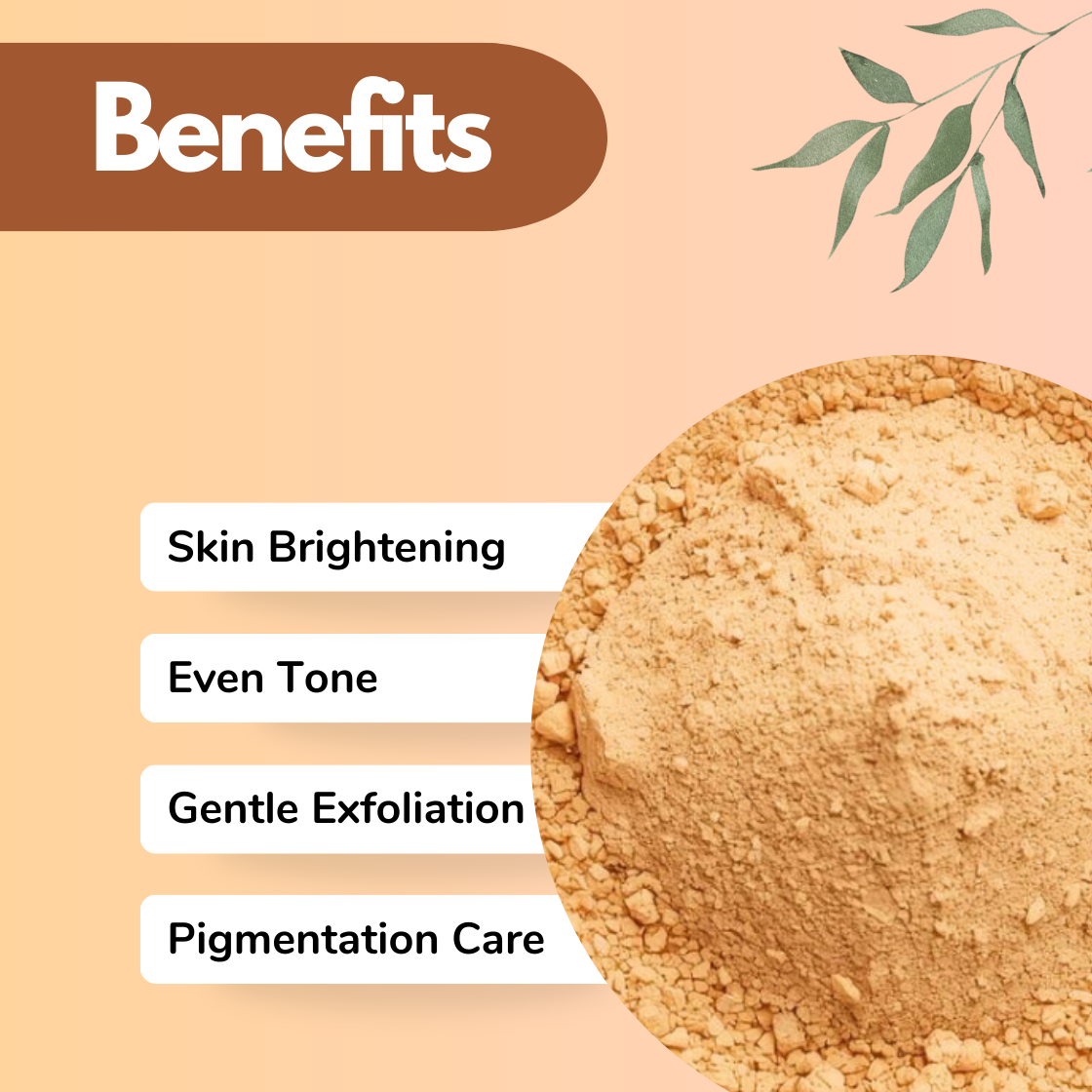 Benefits graphic showing a soft Orange Peel herbal powder with slightly coarse natural texture. Text highlights Skin Brightening, Even Tone, Gentle Exfoliation, and Pigmentation Care, presenting this botanical powder as a natural skincare ingredient ideal for glow enhancing face masks and exfoliating formulations