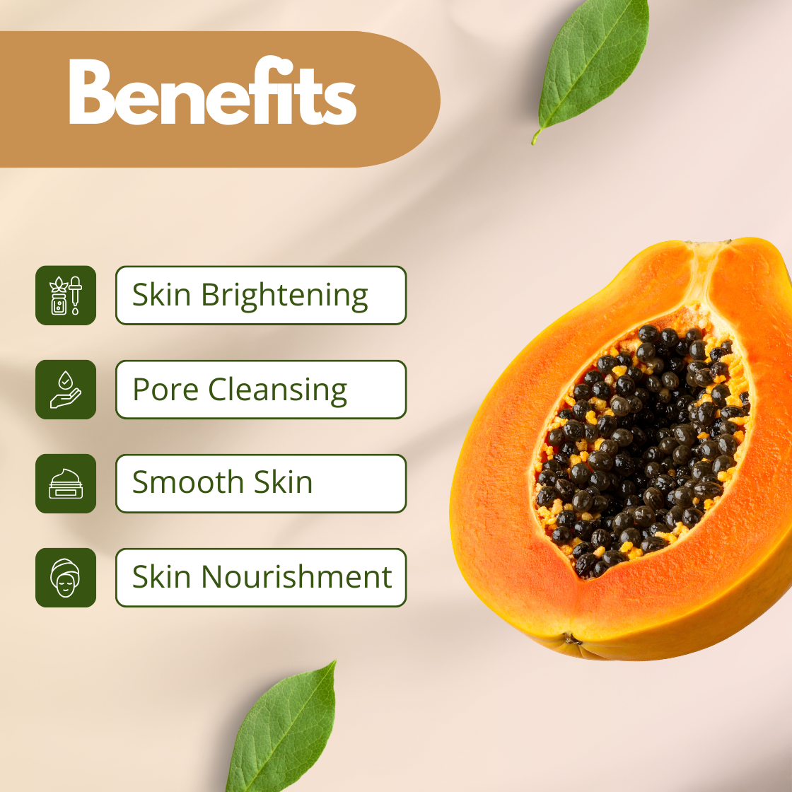 A vibrant graphic for Papaya Extract featuring a large, ripe papaya sliced in half to show its bright orange flesh and clusters of small, black seeds. To the left, a list of benefits includes Skin Brightening, Pore Cleansing, Smooth Skin, and Skin Nourishment. This visual emphasizes the enzymatic exfoliating properties of this tropical fruit extract.