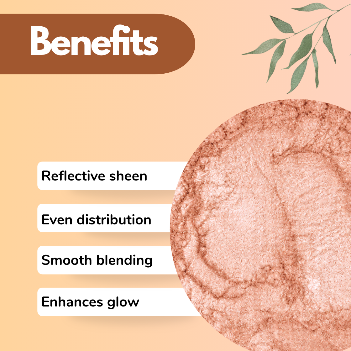Peach mica powder benefits image displaying reflective sheen, even distribution, smooth blending and glow-enhancing shimmer for cosmetics, skincare formulations, soaps and resin crafts. Soft peach cosmetic grade mica pigment ideal for blush, body shimmer, lip gloss, highlighter and handmade beauty products with radiant luminous finish.